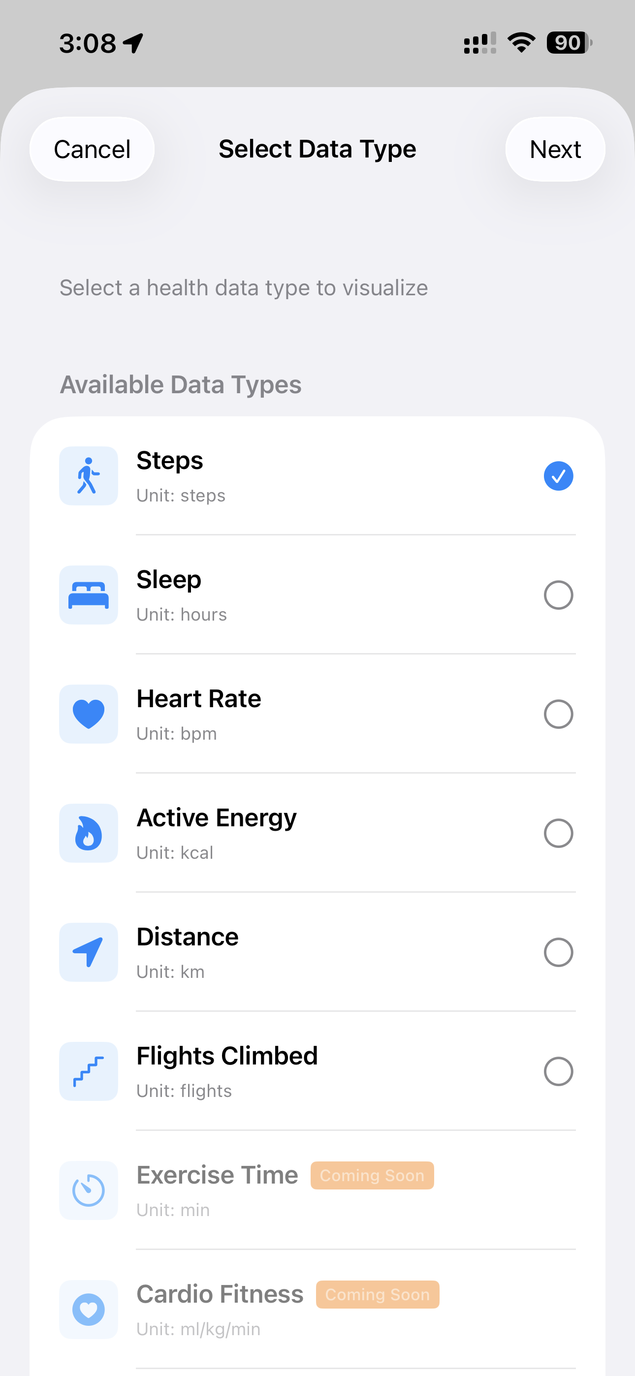 Health Visualizer Data Types Selection